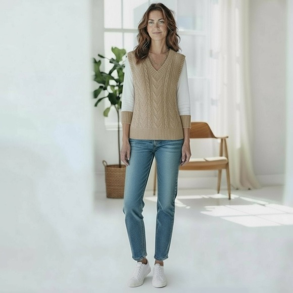 Anthropologie Pilcro Tan & White Cable Knit V Neck Sweater Medium - Picture 1 of 8